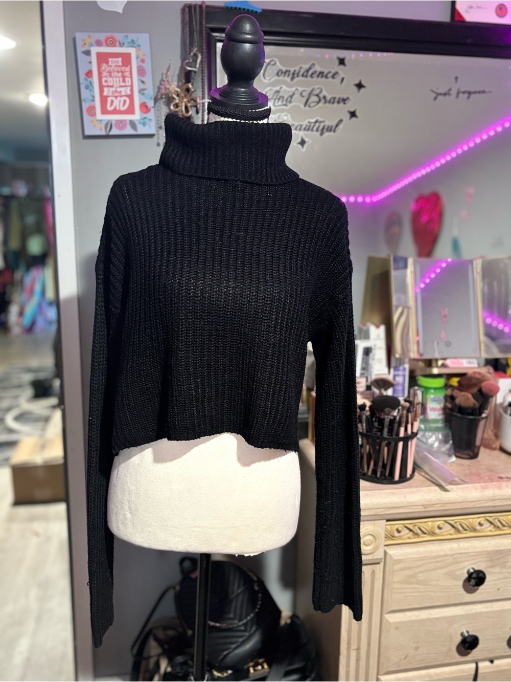 Missguided + Black Ribbed Cropped Turtleneck Sweater